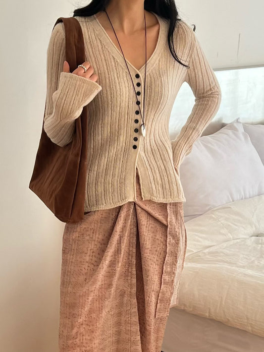 Contrast Button Detail Ribbed Cardigan