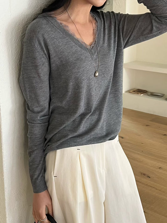 Tencel Lace Detail Knit | ๅคฉ็ตฒLace V้ ่้็น
