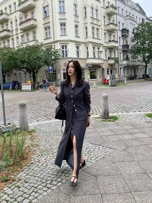 【暴美通勤風】Tailored Front Slit Maxi Skirt | 高腰開叉假兩件長裙