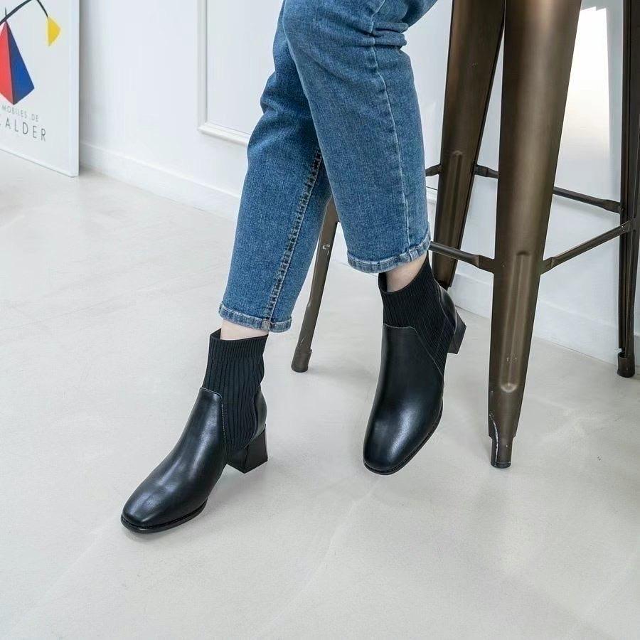 Calf Leather Sock Ankle Boots | 秋冬百搭牛皮拼襪子短boot