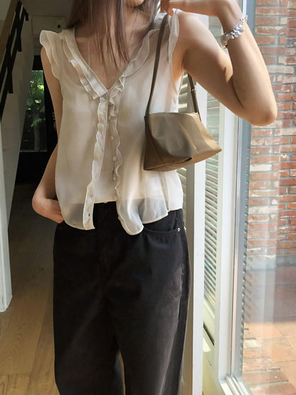 Fairy Bloom Ruffle Blouse | 仙氣荷葉滾邊小飛袖背心