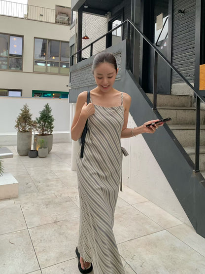 Parisian Effortless Striped Tie Bow Slip Dress | 法系斜條紋側綁結長裙