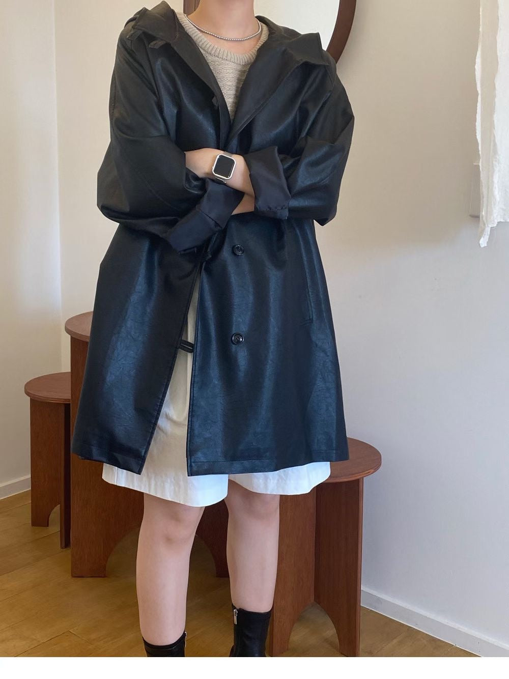 Premium - Soft Faux Leather Hooded Overcoat