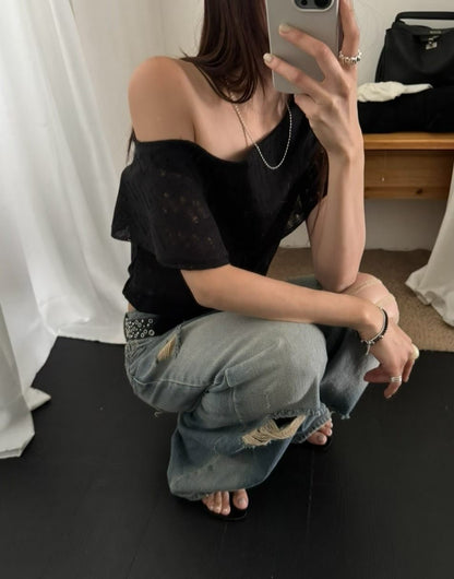 2-way Off Shoulder Ripped Knit Top