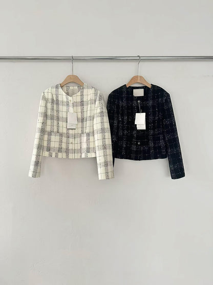 Classic Collarless Checkered Blazer | 英倫優雅風格紋外套