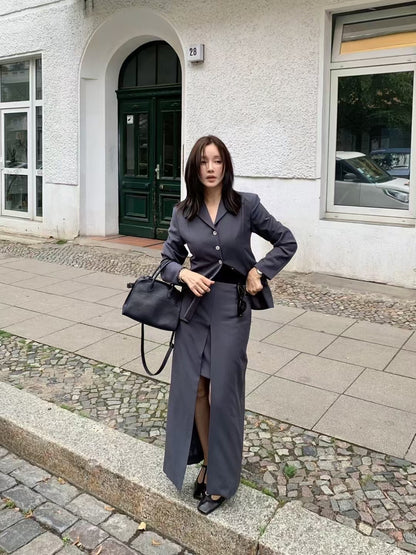 【暴美通勤風】Tailored Front Slit Maxi Skirt | 高腰開叉假兩件長裙