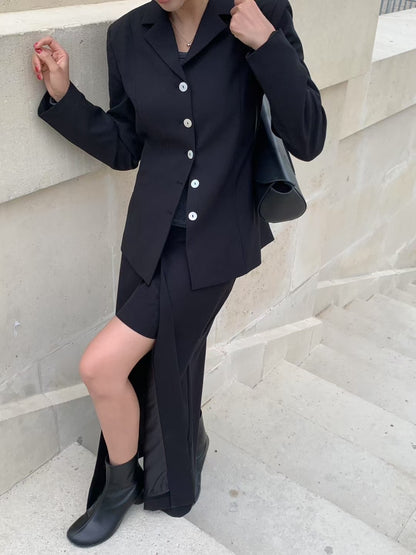 【暴美通勤風】Tailored Front Slit Maxi Skirt | 高腰開叉假兩件長裙