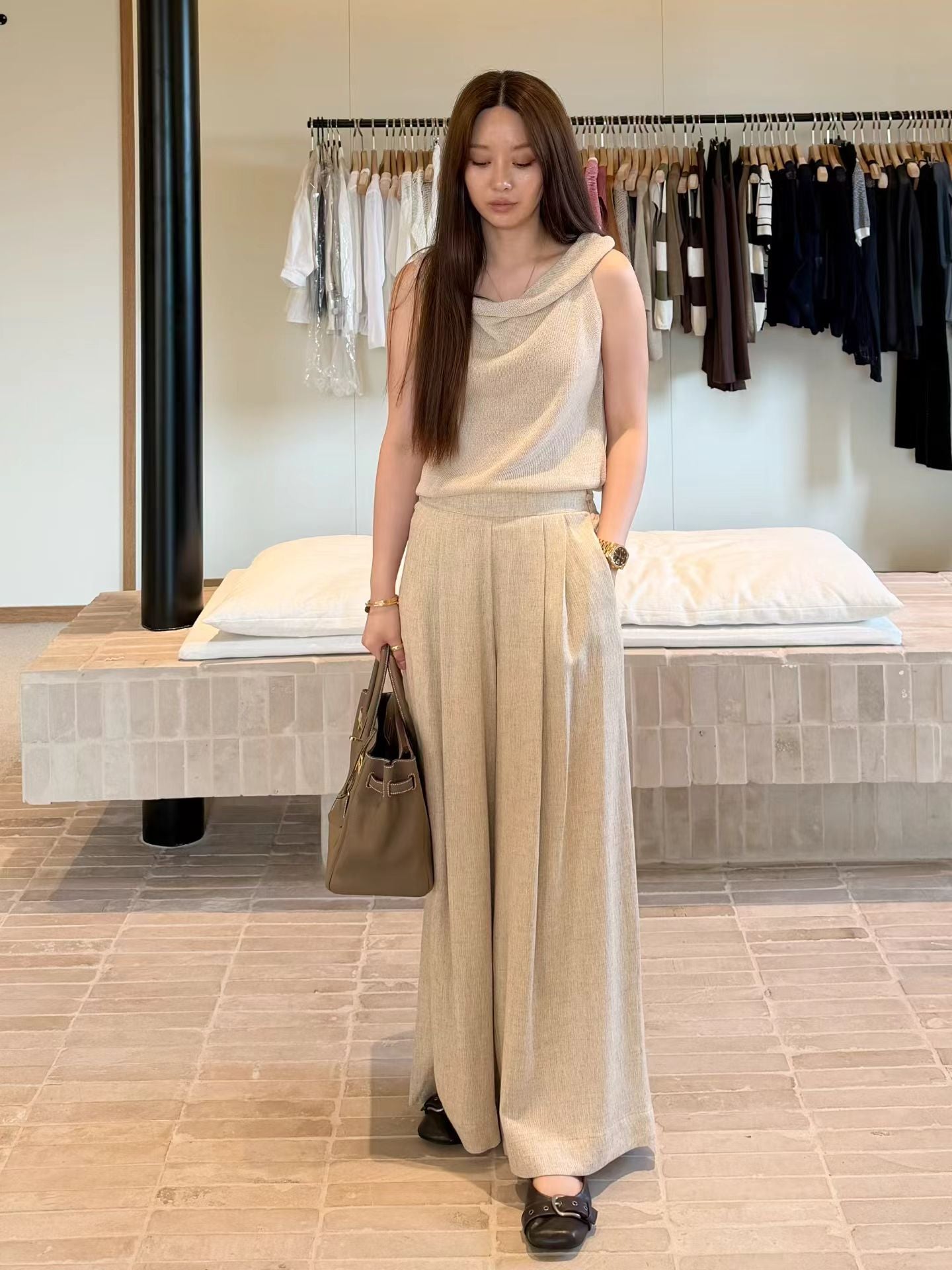 Draped Boat Neck Linen Knit Top | 垂感船領麻質背心