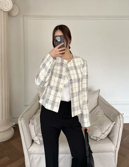 Classic Collarless Checkered Blazer | 英倫優雅風格紋外套