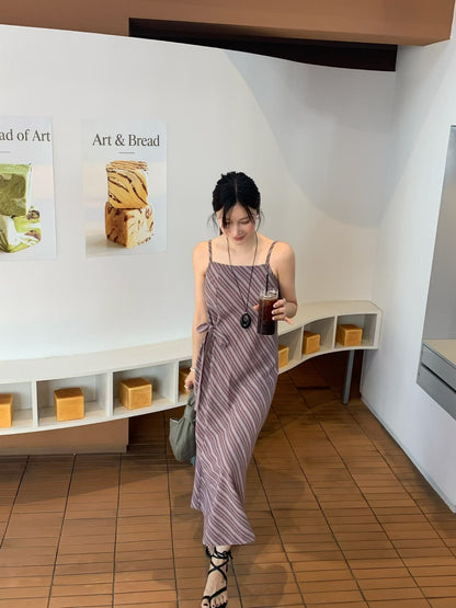 Parisian Effortless Striped Tie Bow Slip Dress | 法系斜條紋側綁結長裙