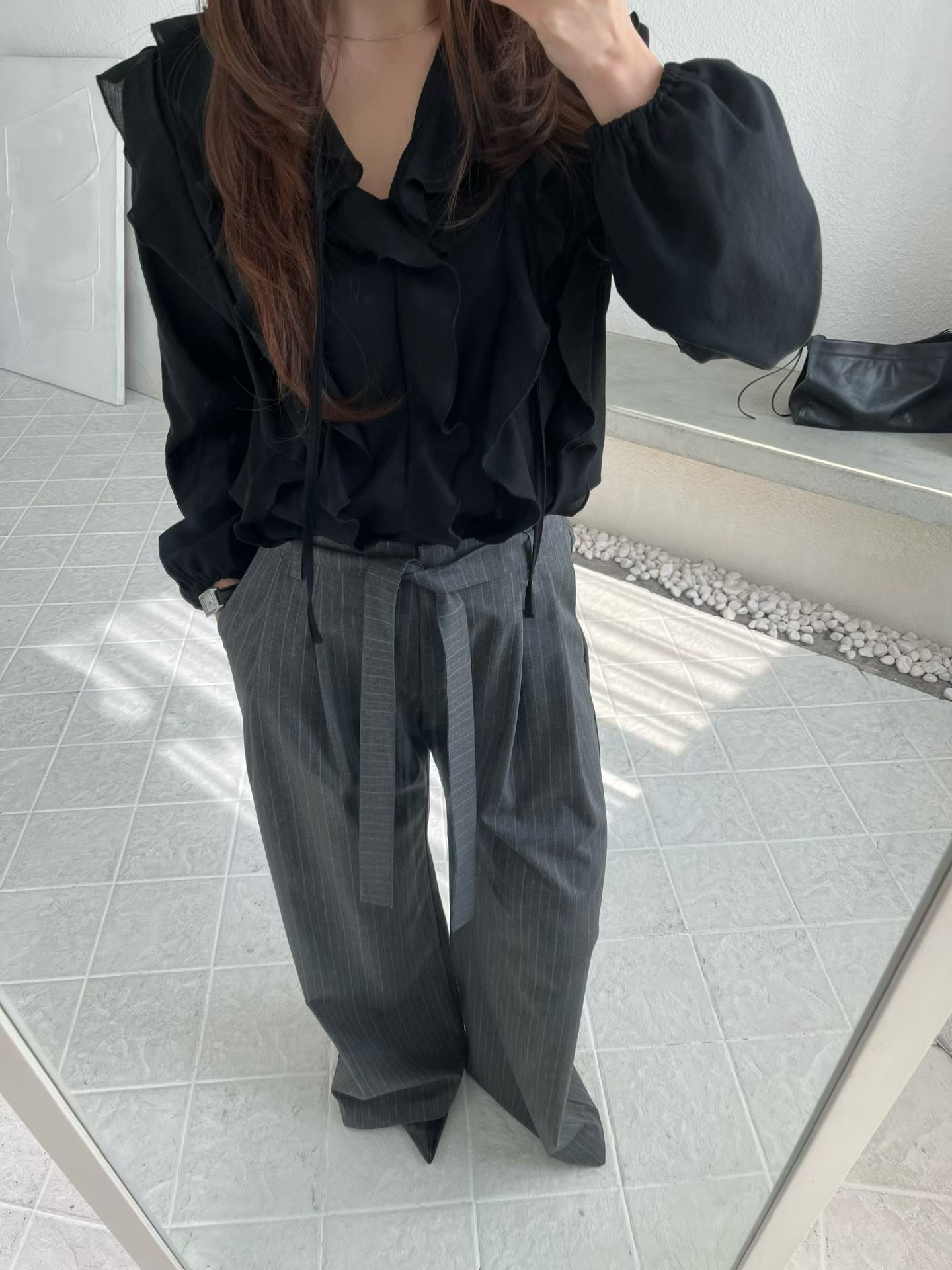 <附腰帶> Striped Straight Leg Belted Trousers | 條紋寬版直腳後橡筋長褲