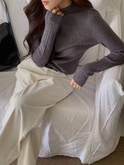 <<優美基礎Top>> Mock Neck Groovy Top | 中領暗直紋上衣