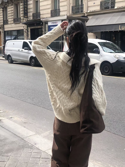 Alpaca Cable Knit Collared Cardigan | 混羊駝毛優雅麻花針織外套