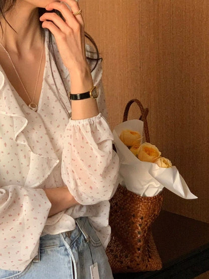 Botanical Ruffle Chiffon Blouse |  花卉荷葉邊氣質上衣