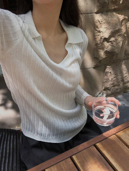 Stretchy Collared V Neck Top