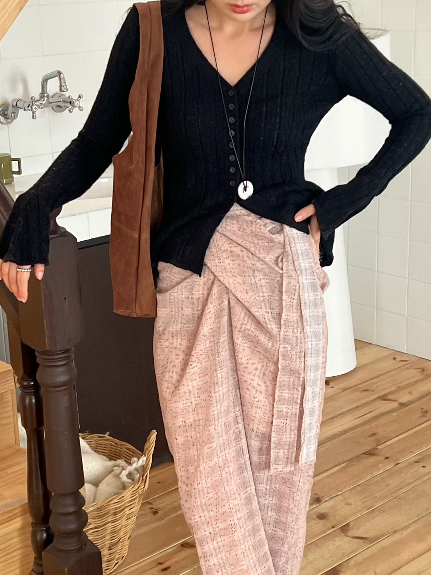 Contrast Button Detail Ribbed Cardigan