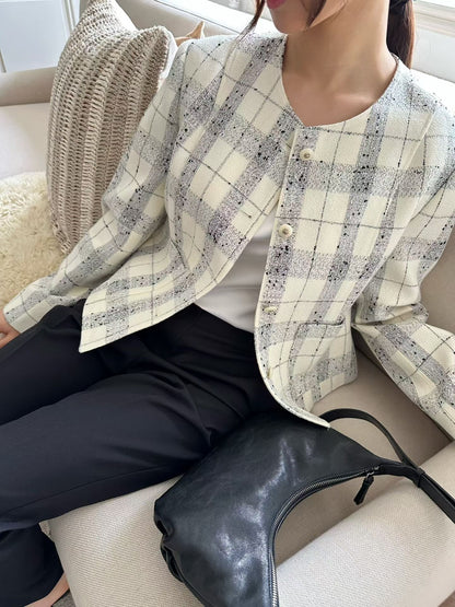 Classic Collarless Checkered Blazer | 英倫優雅風格紋外套
