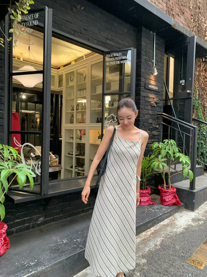 Parisian Effortless Striped Tie Bow Slip Dress | 法系斜條紋側綁結長裙