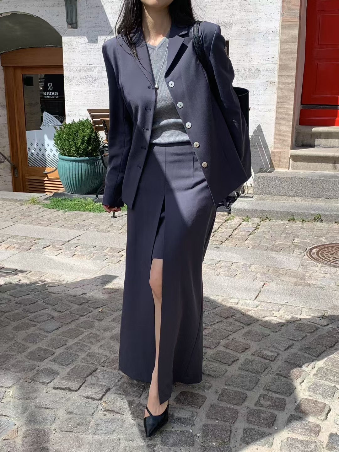 【暴美通勤風】Tailored Front Slit Maxi Skirt | 高腰開叉假兩件長裙