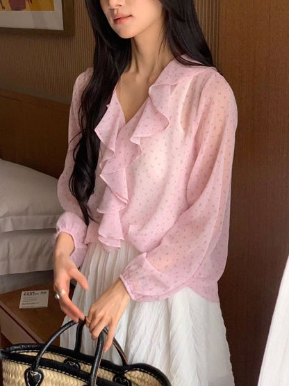 Botanical Ruffle Chiffon Blouse |  花卉荷葉邊氣質上衣