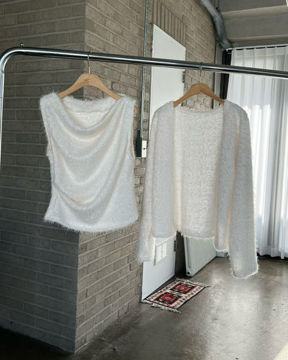 Momo Draping Set | 冬日氣氛毛毛背心外套Set
