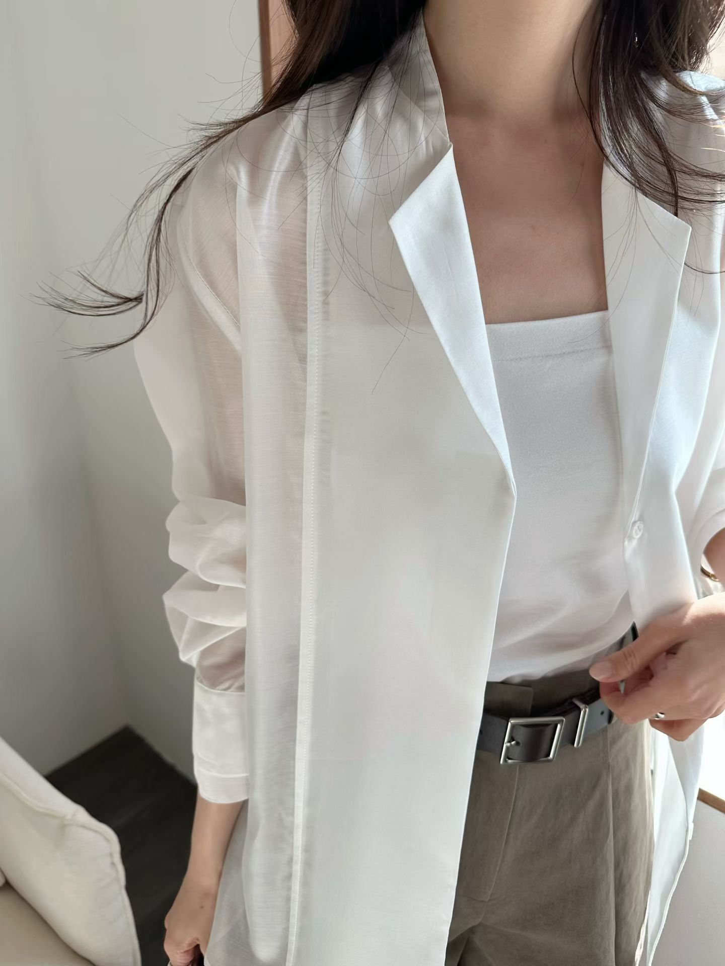 【85%親膚天絲~】Luxurious Tencel Sheer Patched Shirt | 輕透拼接防囇衣