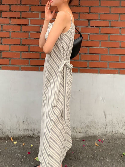 Parisian Effortless Striped Tie Bow Slip Dress | 法系斜條紋側綁結長裙