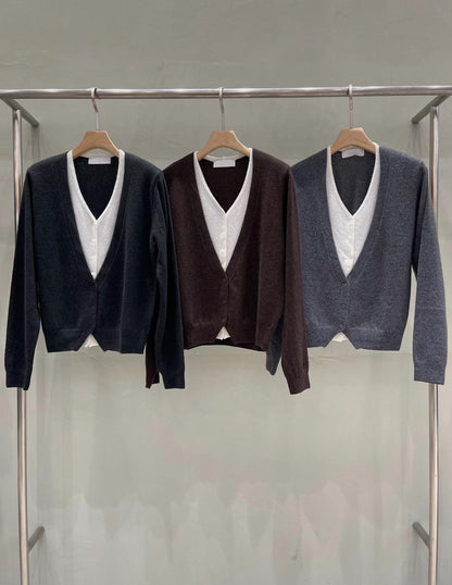 Faux 2-pcs Cashmere Layered Top | 羊駝毛拼色假2件V領 Top