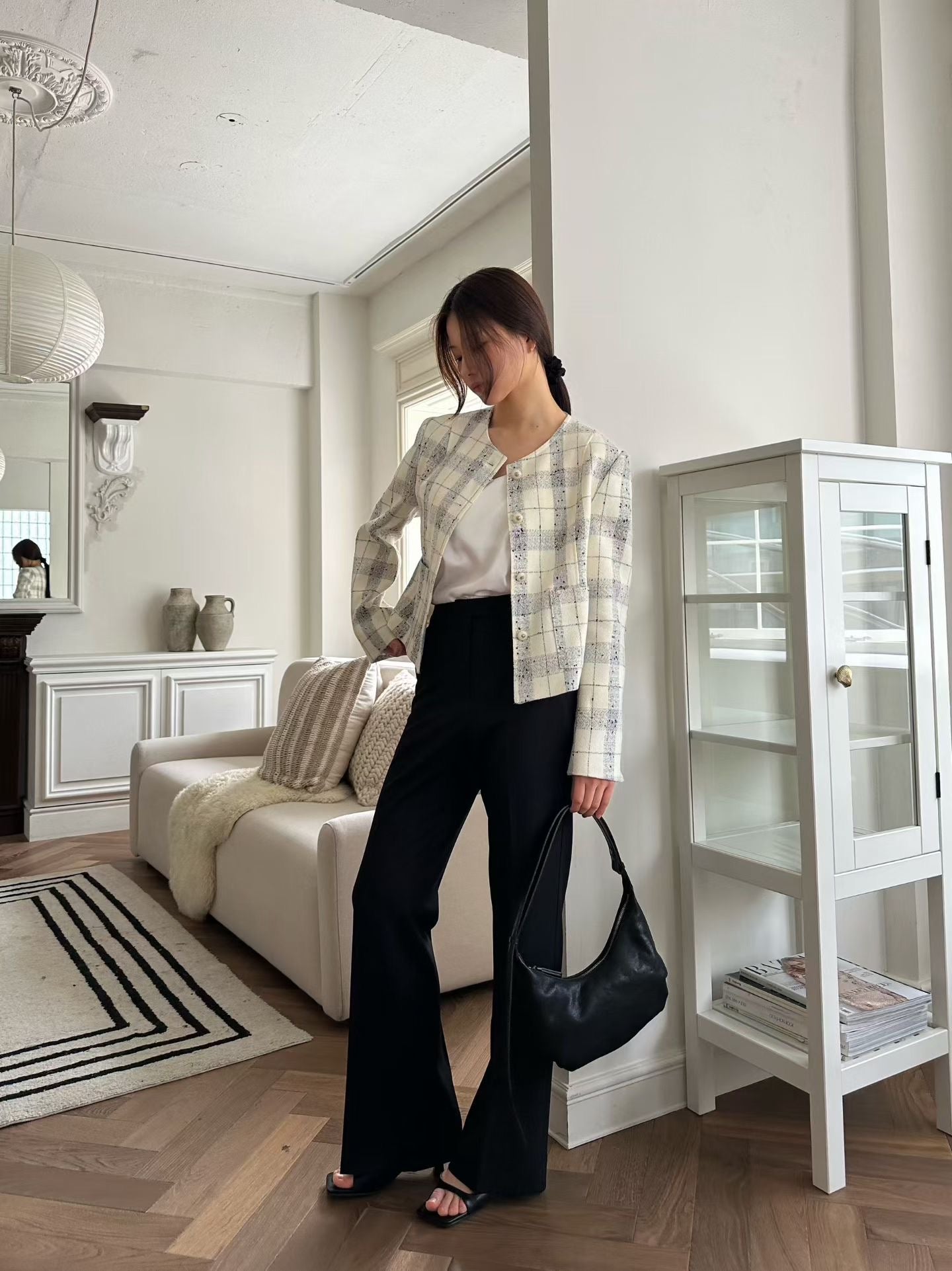 Classic Collarless Checkered Blazer | 英倫優雅風格紋外套