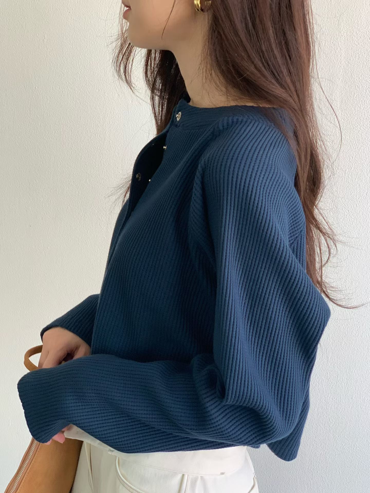 Waffle Pop Button Cropped Tee | 窩夫格格長袖Top