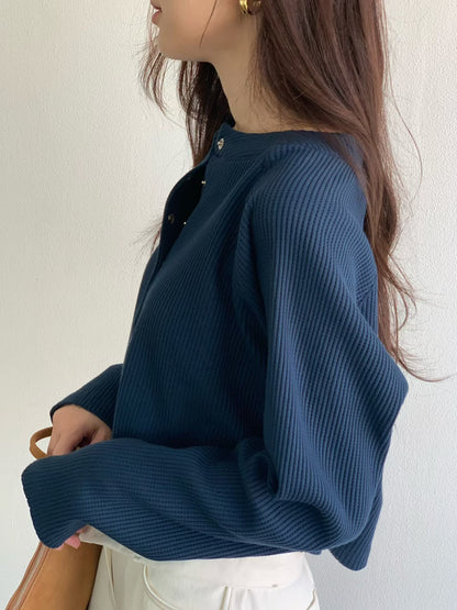 Waffle Pop Button Cropped Tee | 窩夫格格長袖Top