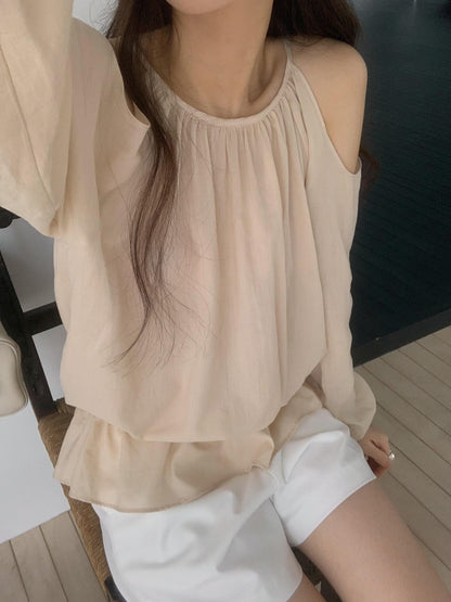 Waterfall Drape Shoulder Halter Blouse | 垂墜掛脖露肩上衣