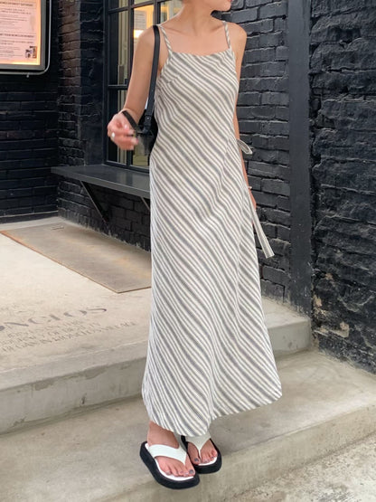 Parisian Effortless Striped Tie Bow Slip Dress | 法系斜條紋側綁結長裙