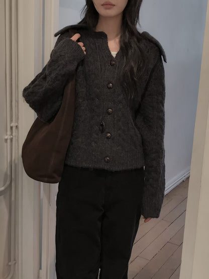 Alpaca Cable Knit Collared Cardigan | 混羊駝毛優雅麻花針織外套