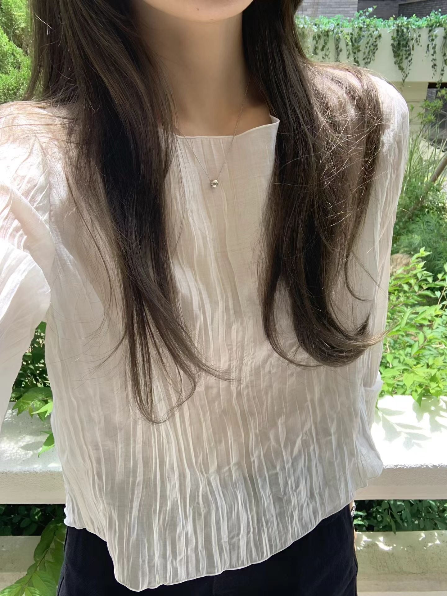 Hook-Button Crinkle Veil 2-way Top | 皺褶輕紗鉤扣2-way罩衫