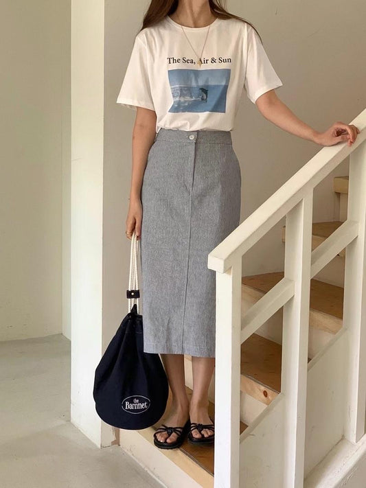 French Vibe Striped Pencil Midi Skirt | 法式風情直紋中長裙