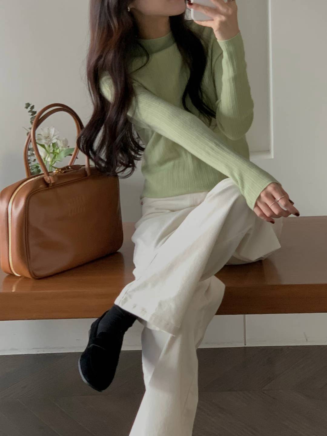 <<優美基礎Top>> Mock Neck Groovy Top | 中領暗直紋上衣