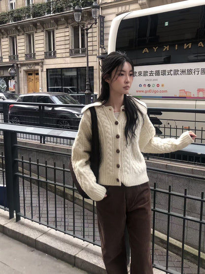 Alpaca Cable Knit Collared Cardigan | 混羊駝毛優雅麻花針織外套