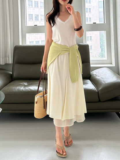 Double-Layer Elegance Skirt | 疊層線條感人造絲中長裙