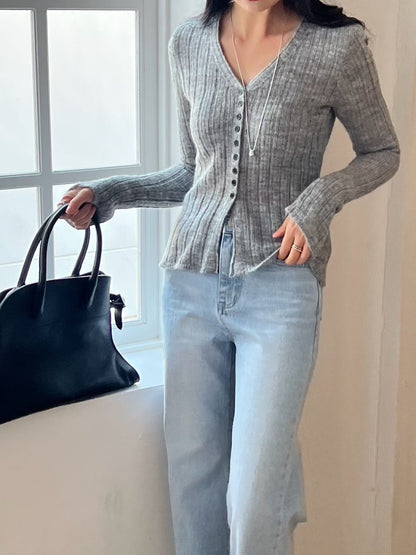 Contrast Button Detail Ribbed Cardigan