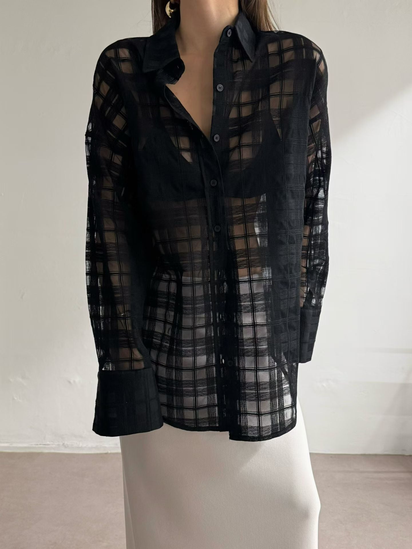 鏤空網格紋襯衫 | Weaving Checkered Boyfriend Shirt