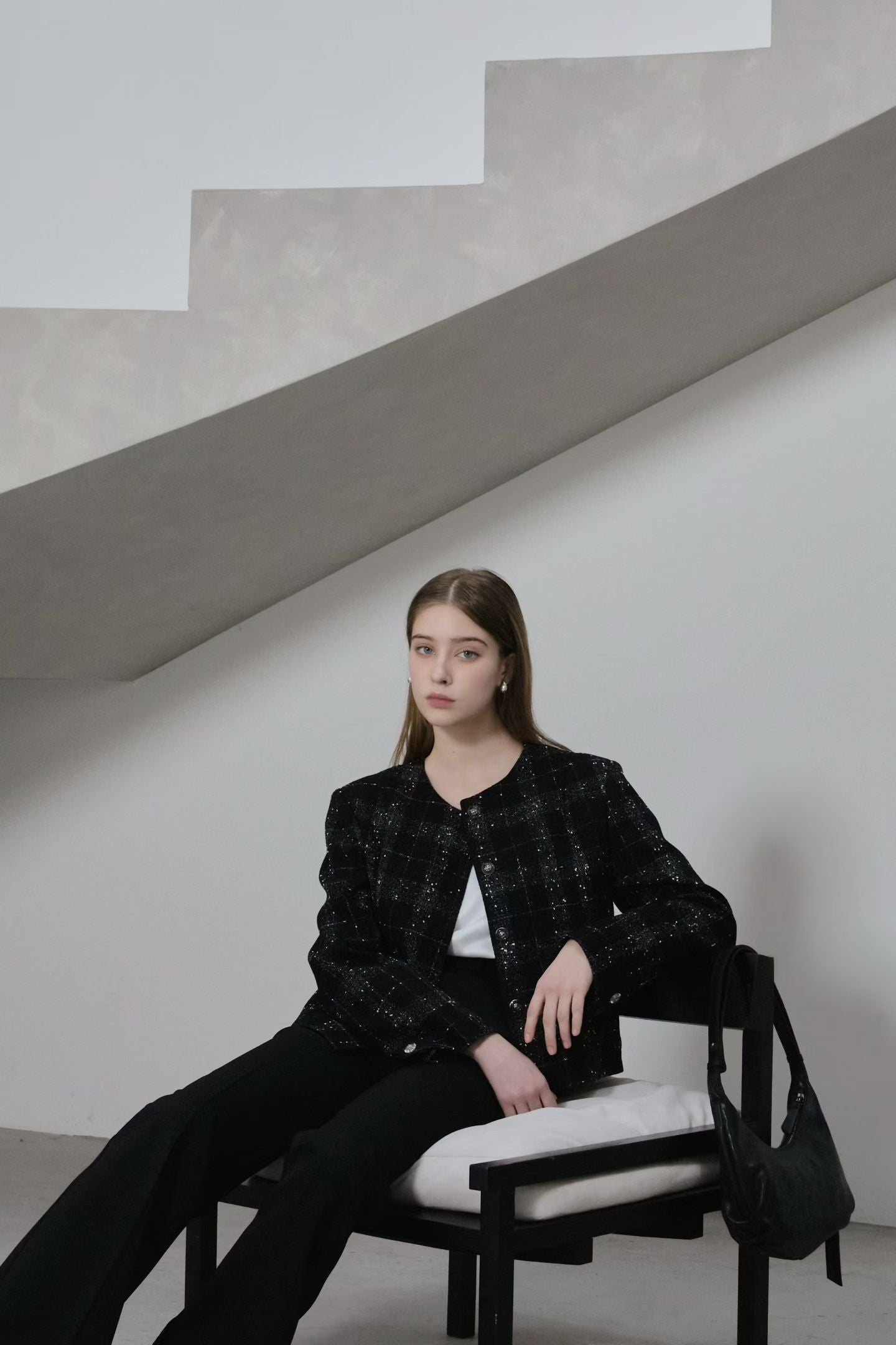 Classic Collarless Checkered Blazer | 英倫優雅風格紋外套