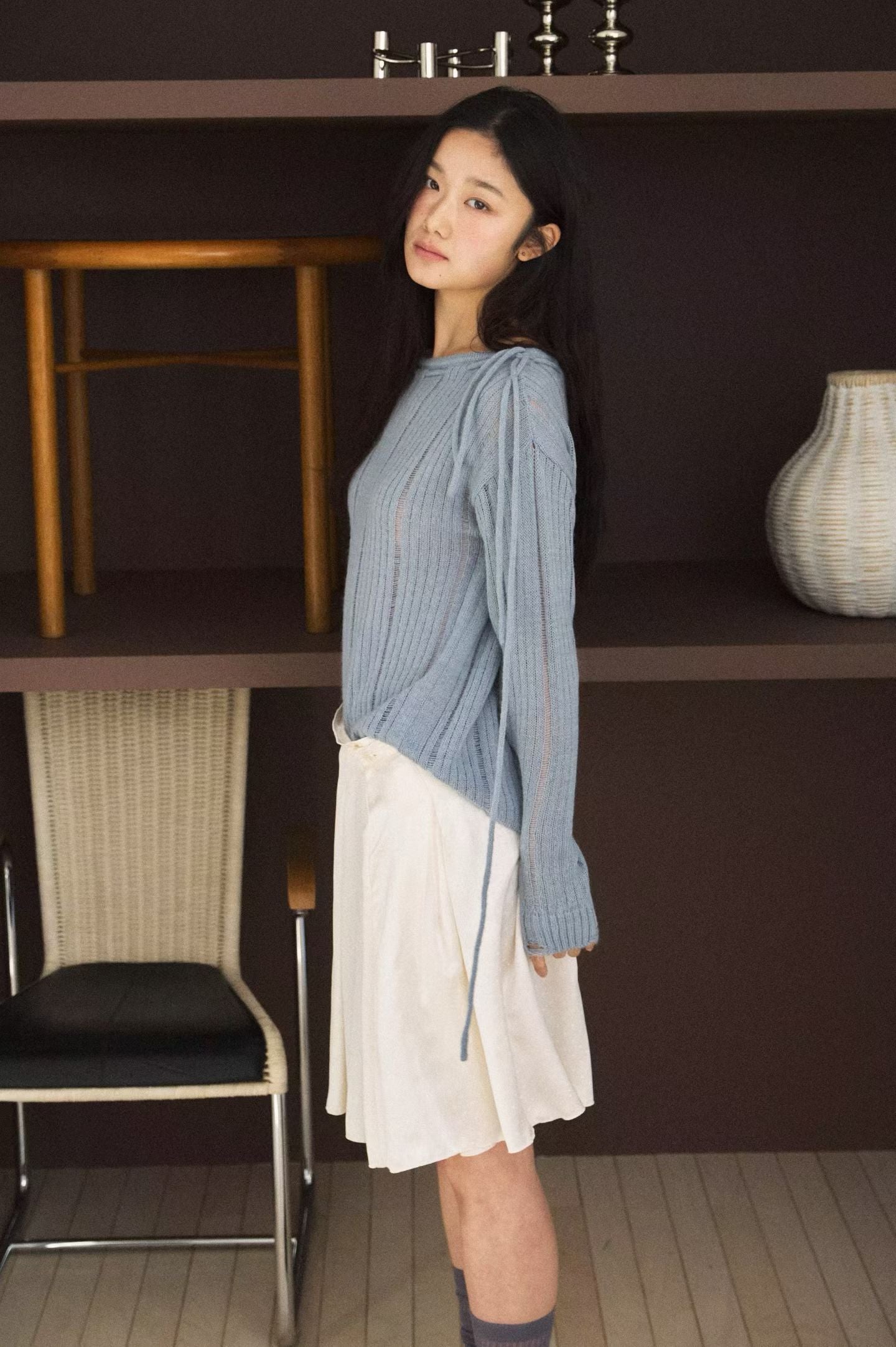 Shoulder Bow Ripped Detail Knit Top
