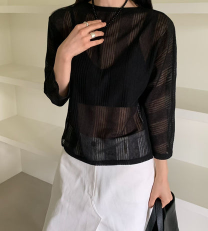 直紋鈕扣冷衫 | Striped Sheer 2-way Cardi-Top