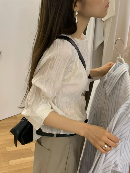 Hook-Button Crinkle Veil 2-way Top | 皺褶輕紗鉤扣2-way罩衫