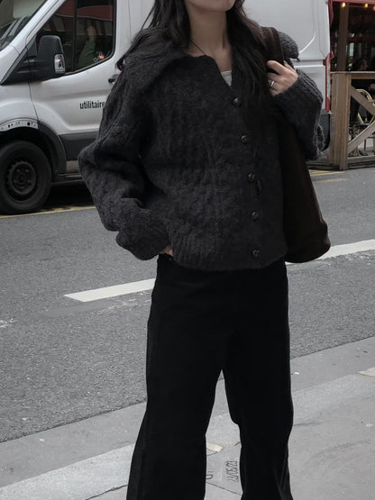 Alpaca Cable Knit Collared Cardigan | 混羊駝毛優雅麻花針織外套