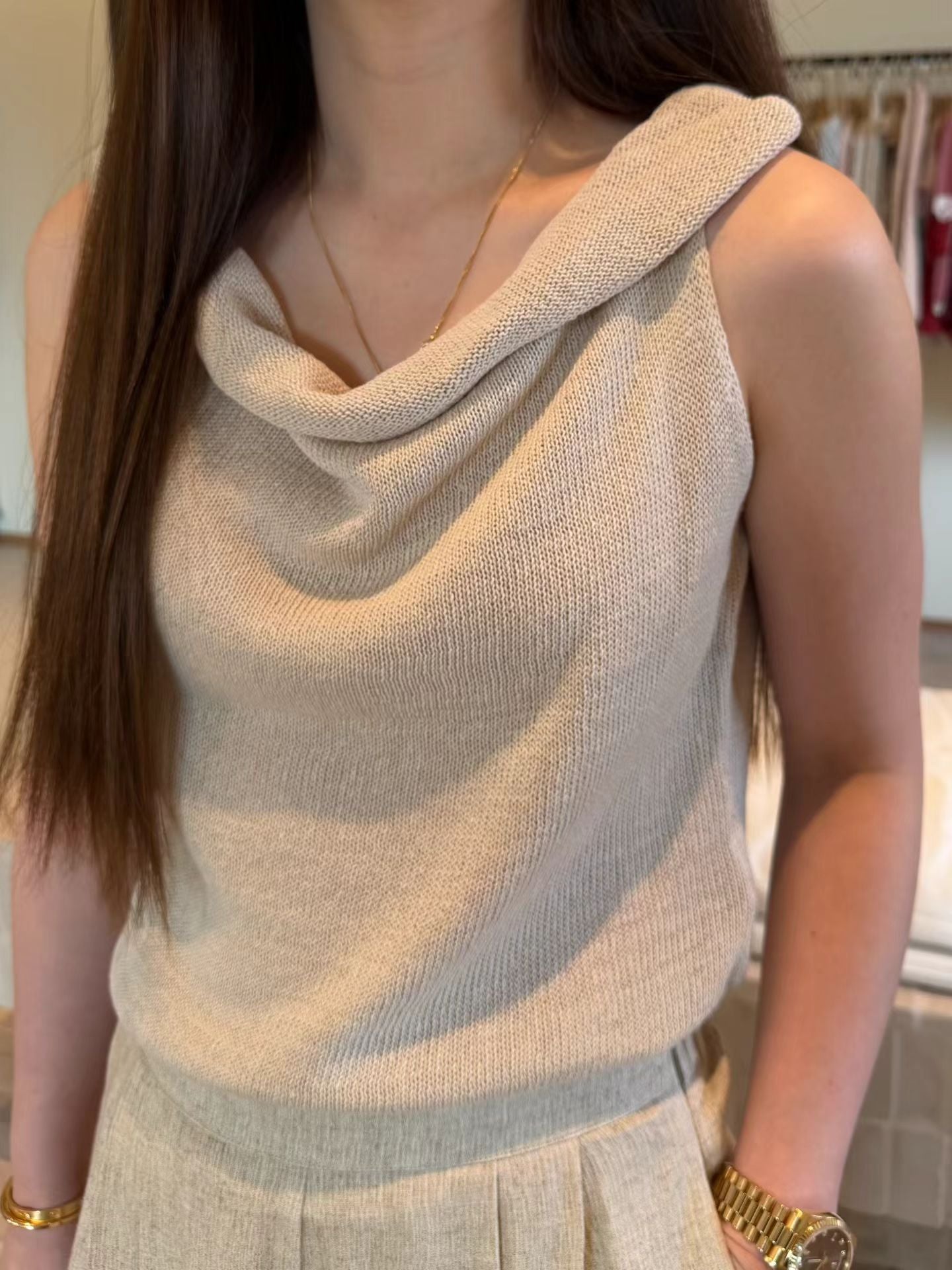 Draped Boat Neck Linen Knit Top | 垂感船領麻質背心