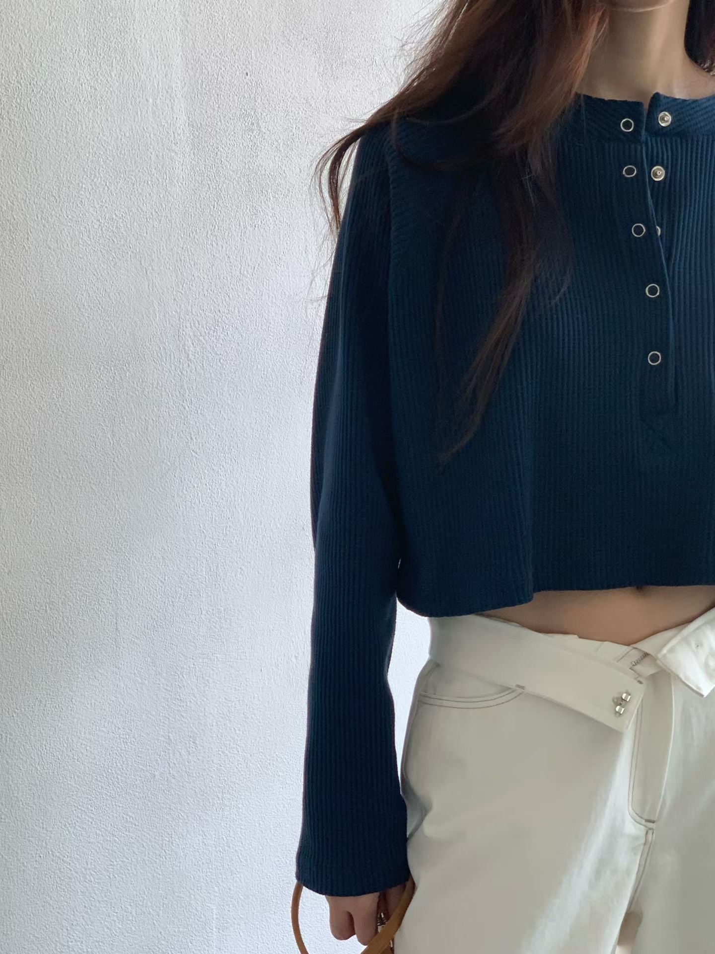 Waffle Pop Button Cropped Tee | 窩夫格格長袖Top