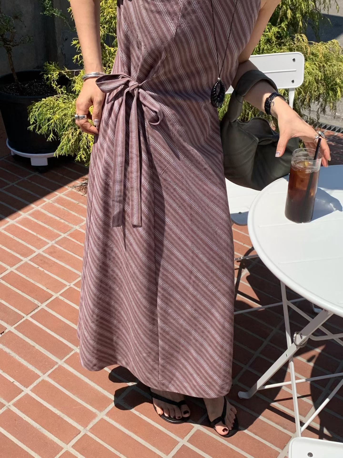 Parisian Effortless Striped Tie Bow Slip Dress | 法系斜條紋側綁結長裙