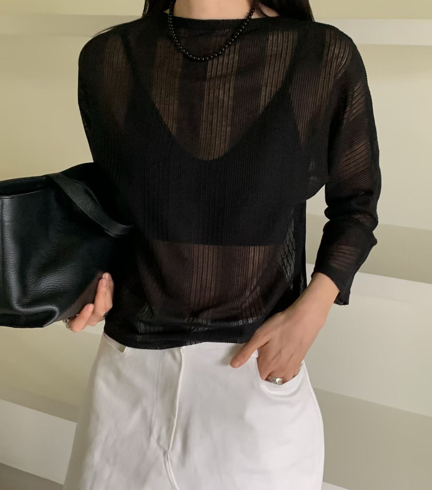 直紋鈕扣冷衫 | Striped Sheer 2-way Cardi-Top